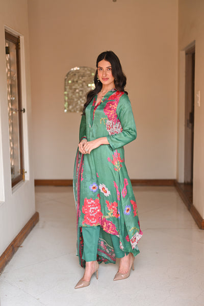 Abstract Bloom Print Green Gajji Silk Suit Set with Moti Work