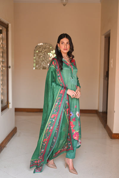 Abstract Bloom Print Green Gajji Silk Suit Set with Moti Work