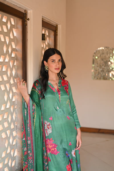 Abstract Bloom Print Green Gajji Silk Suit Set with Moti Work