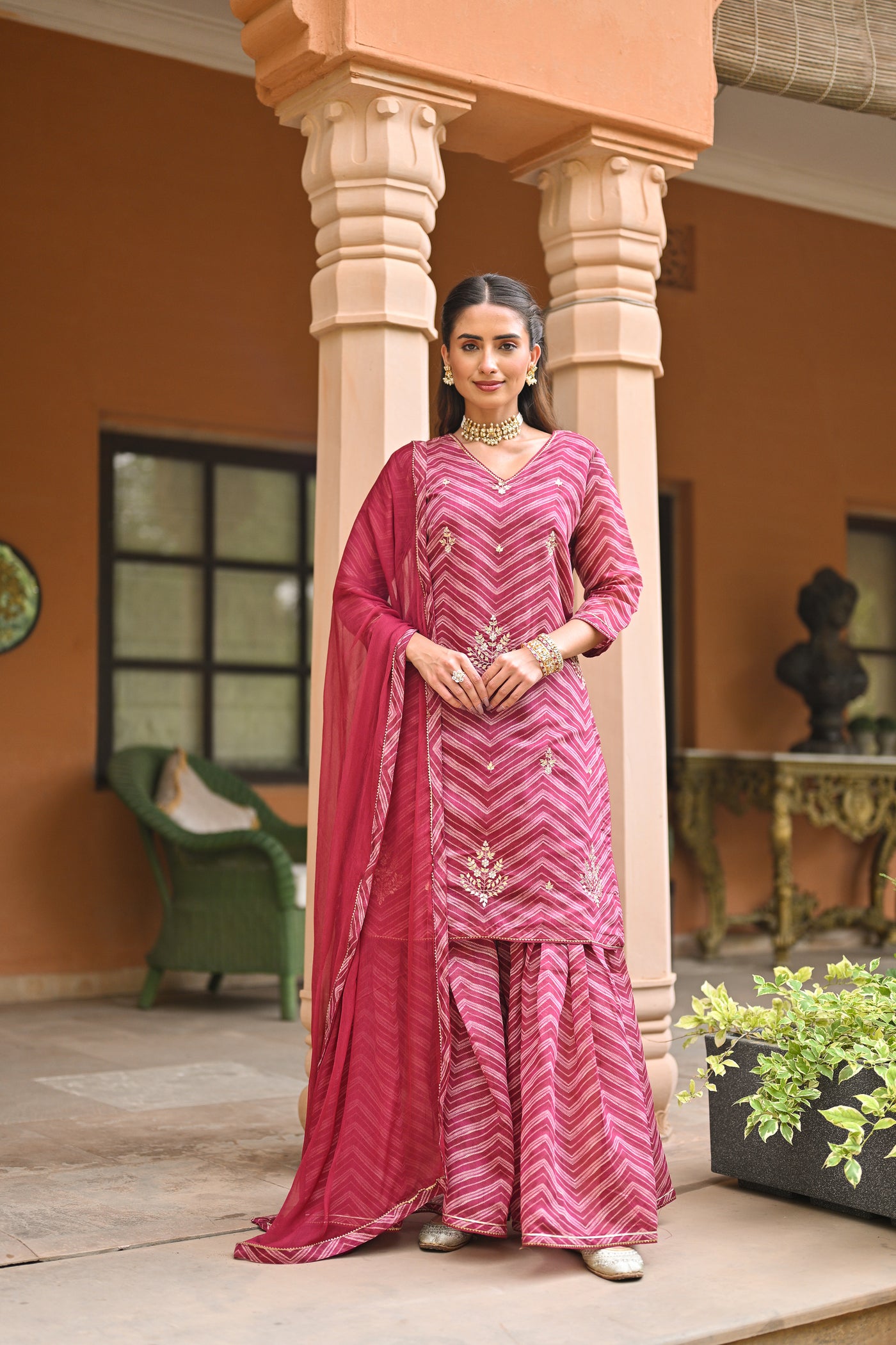 Pink Lehariya Chanderi Sharara Set With Gota Patti Work