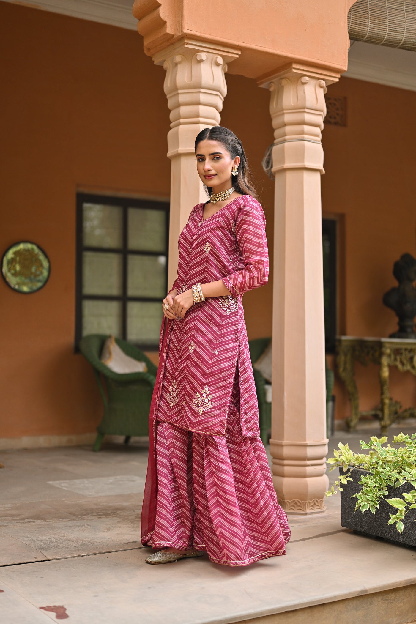 Pink Lehariya Chanderi Sharara Set With Gota Patti Work