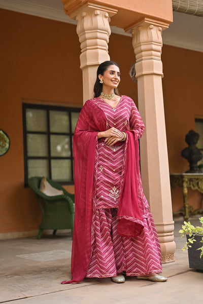 Pink Lehariya Chanderi Sharara Set With Gota Patti Work