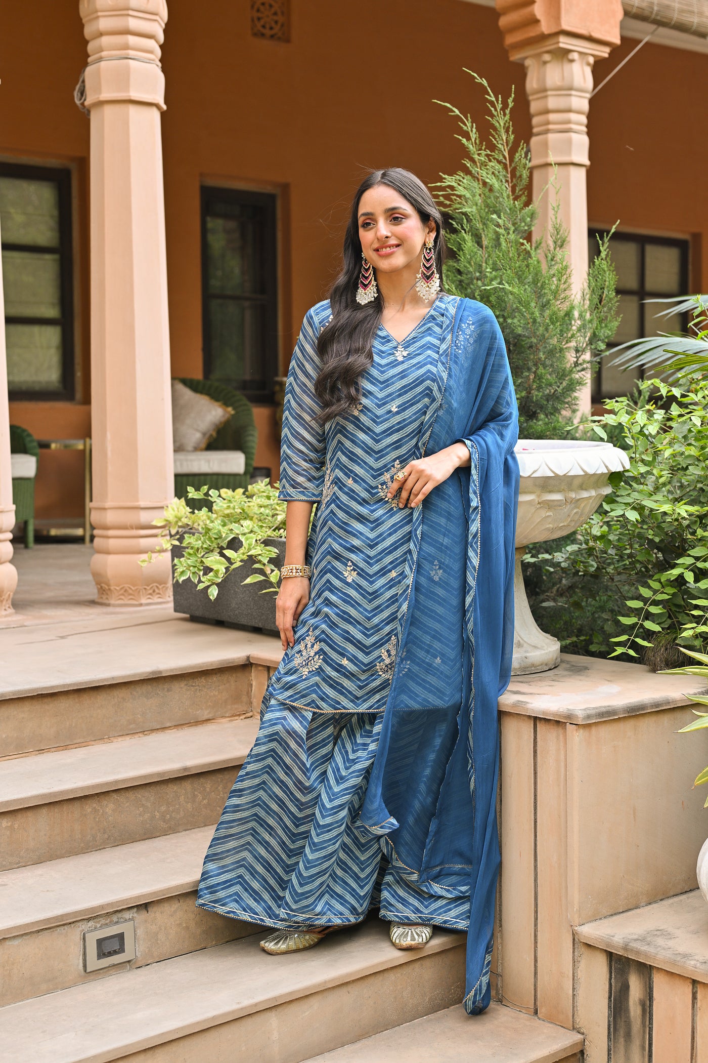 Blue Lehariya  Chanderi Sharara Set With Gota Patti Work