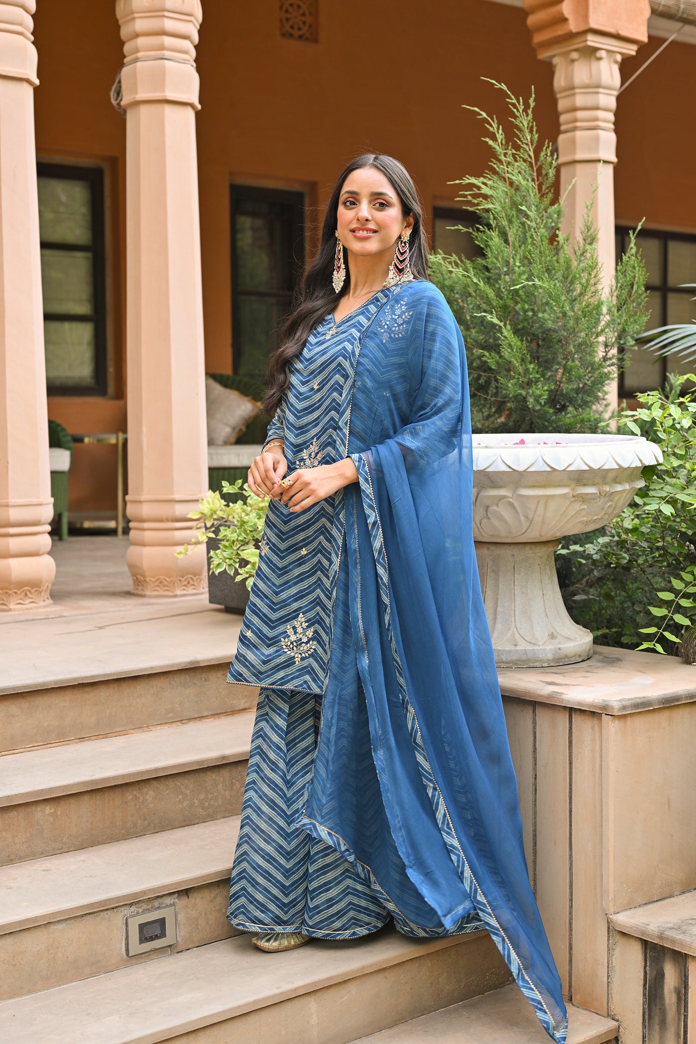 Blue Lehariya  Chanderi Sharara Set With Gota Patti Work