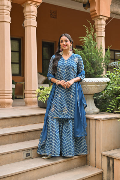 Blue Lehariya  Chanderi Sharara Set With Gota Patti Work