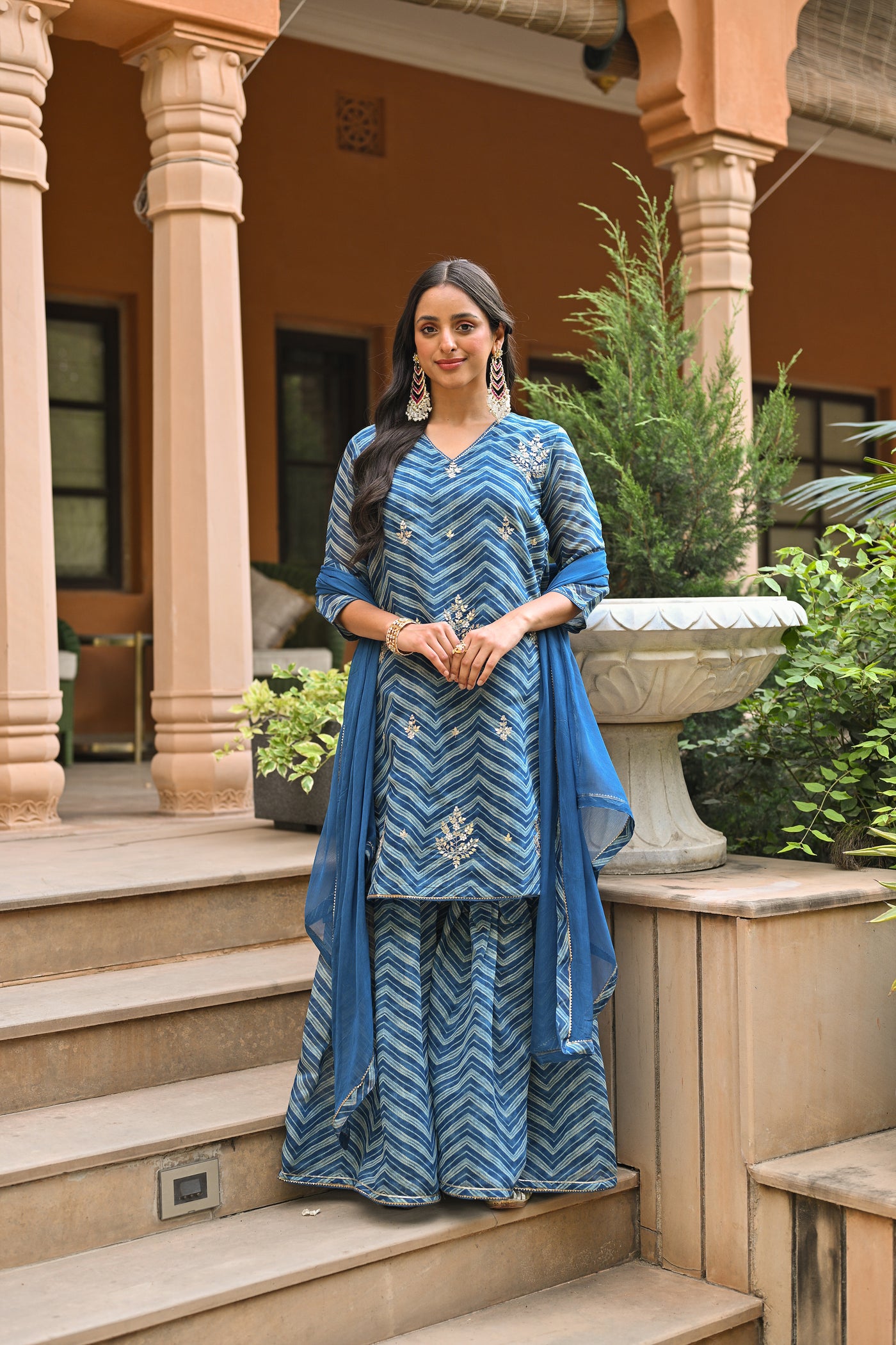 Blue Lehariya  Chanderi Sharara Set With Gota Patti Work