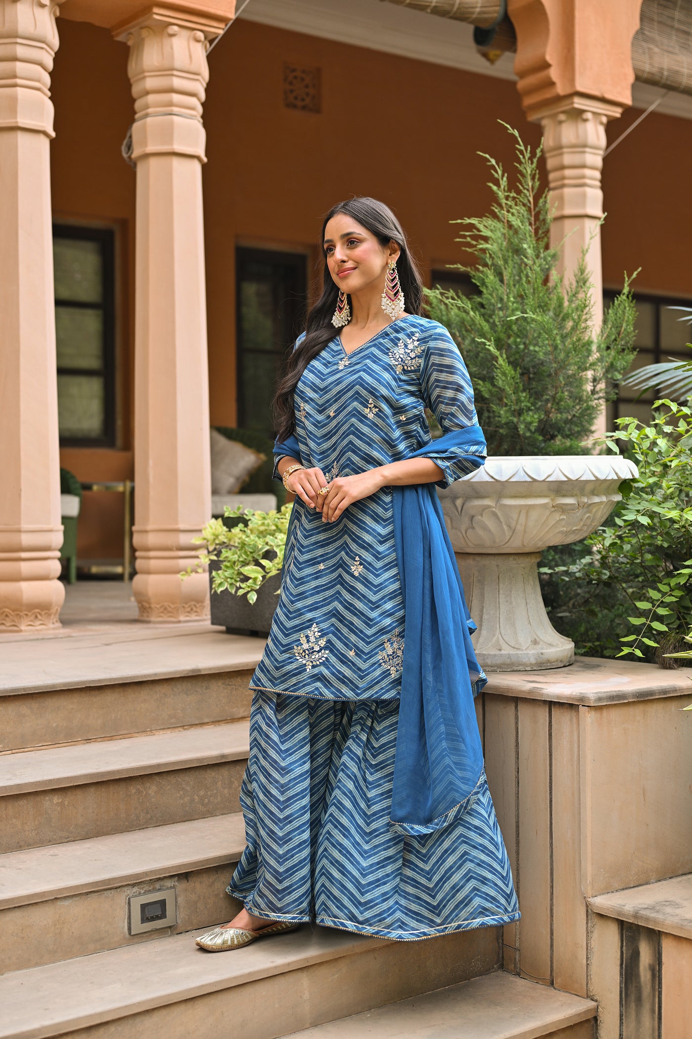 Blue Lehariya  Chanderi Sharara Set With Gota Patti Work