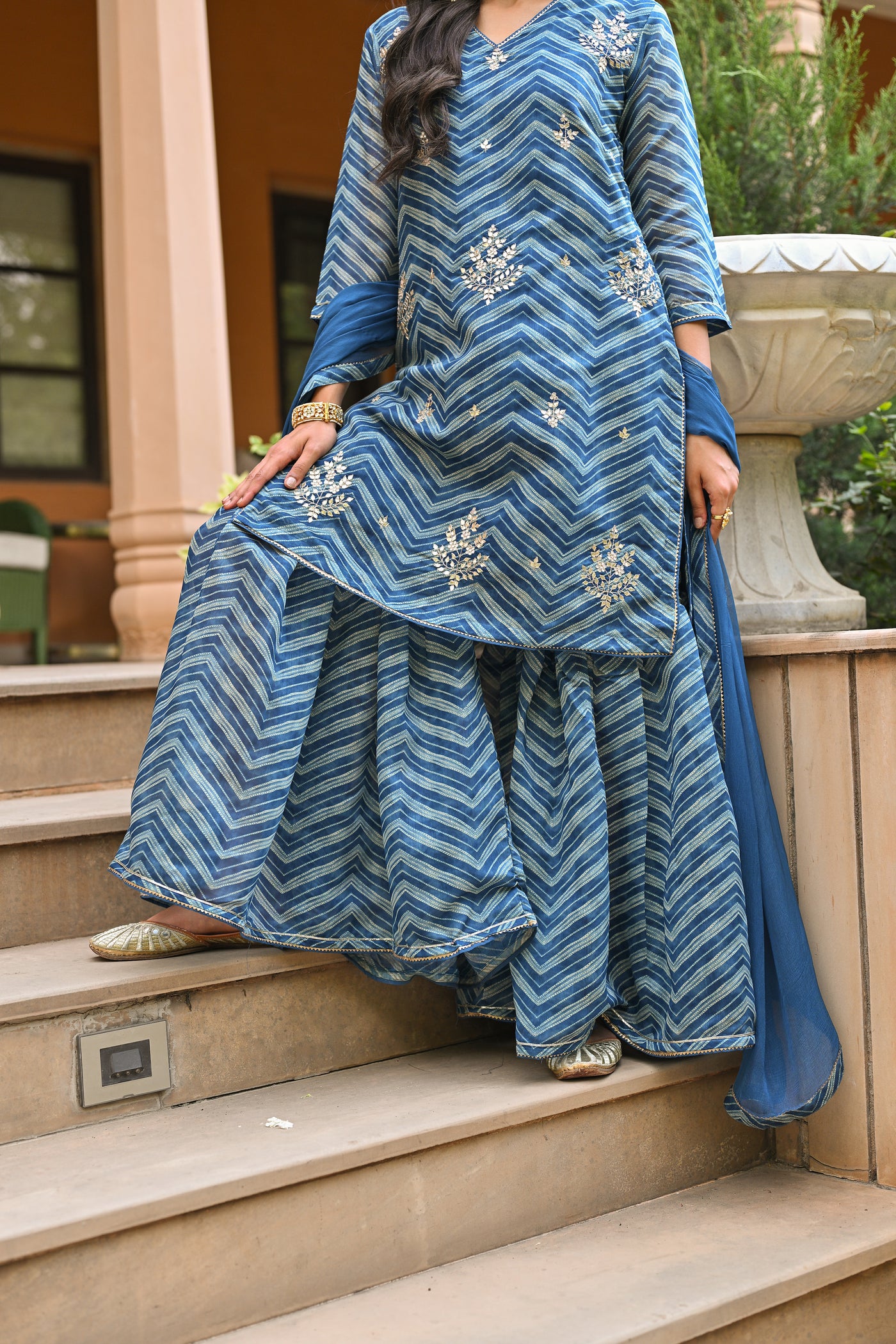 Blue Lehariya  Chanderi Sharara Set With Gota Patti Work