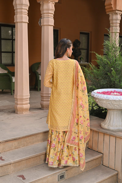 Yellow Ikhtiyar Small Buti Sharara Set with Floral Dupatta