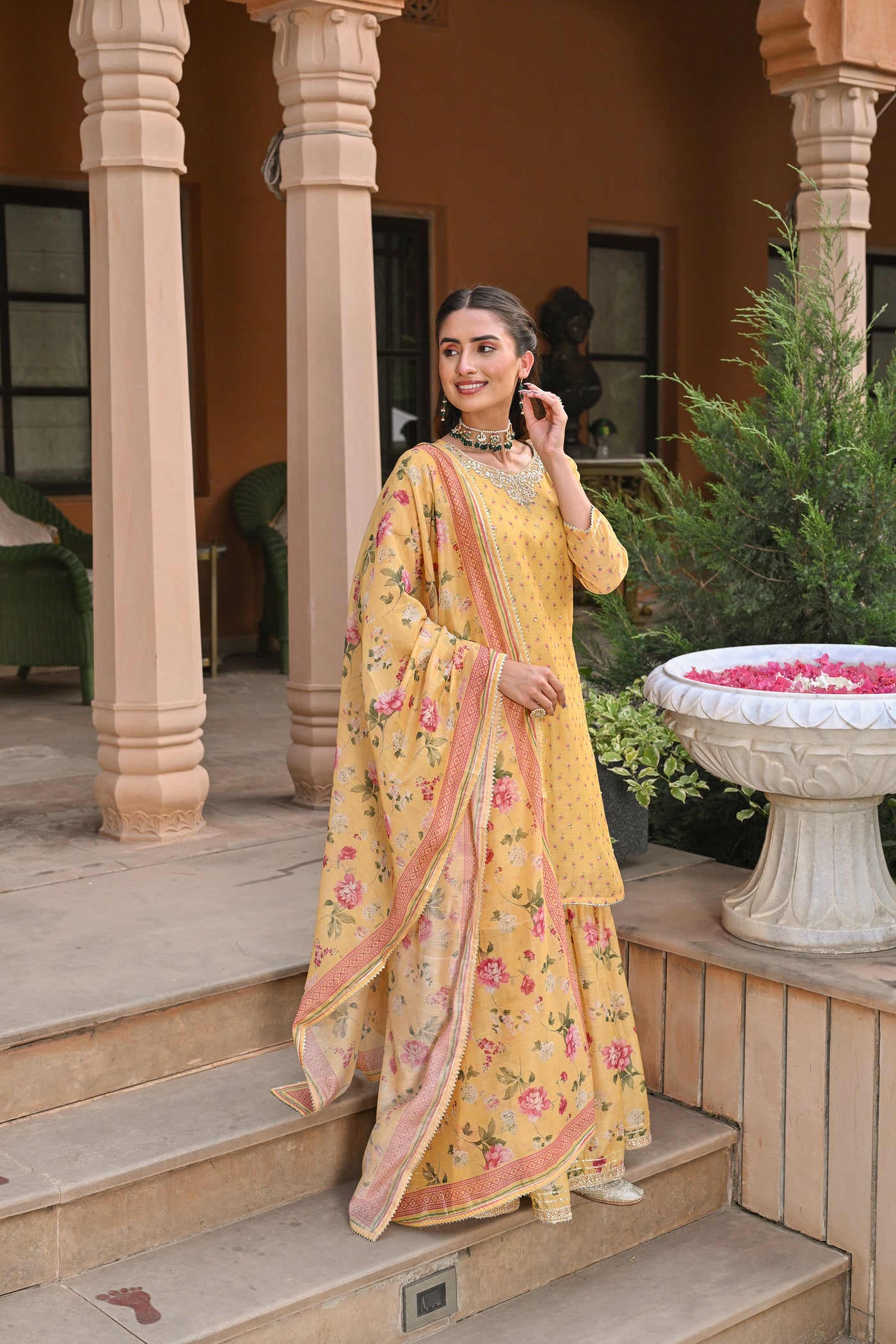 Yellow Ikhtiyar Small Buti Sharara Set with Floral Dupatta