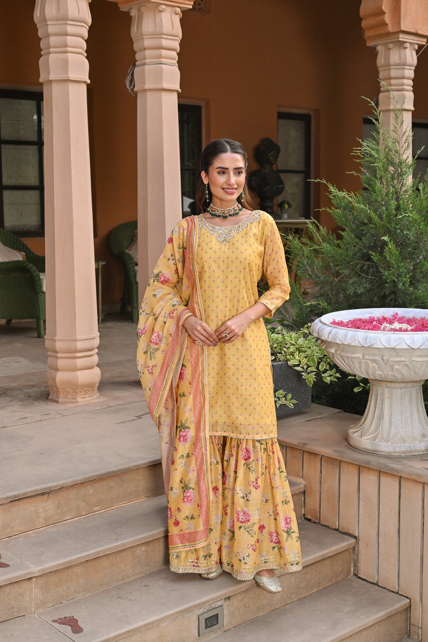 Yellow Ikhtiyar Small Buti Sharara Set with Floral Dupatta