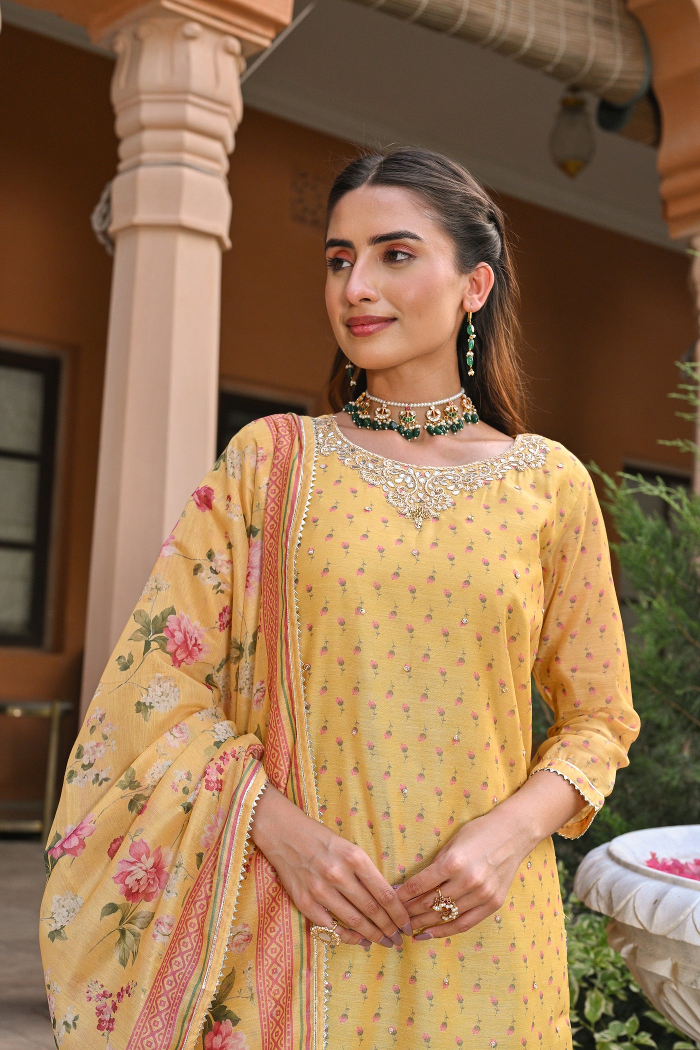 Yellow Ikhtiyar Small Buti Sharara Set with Floral Dupatta