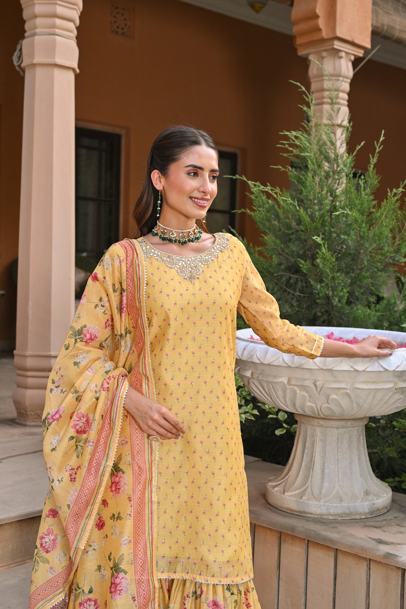 Yellow Ikhtiyar Small Buti Sharara Set with Floral Dupatta