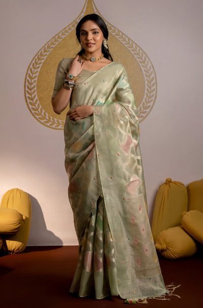 Pastel Green Golden Zari Handwork of Pearl, Sequence and Thread Work