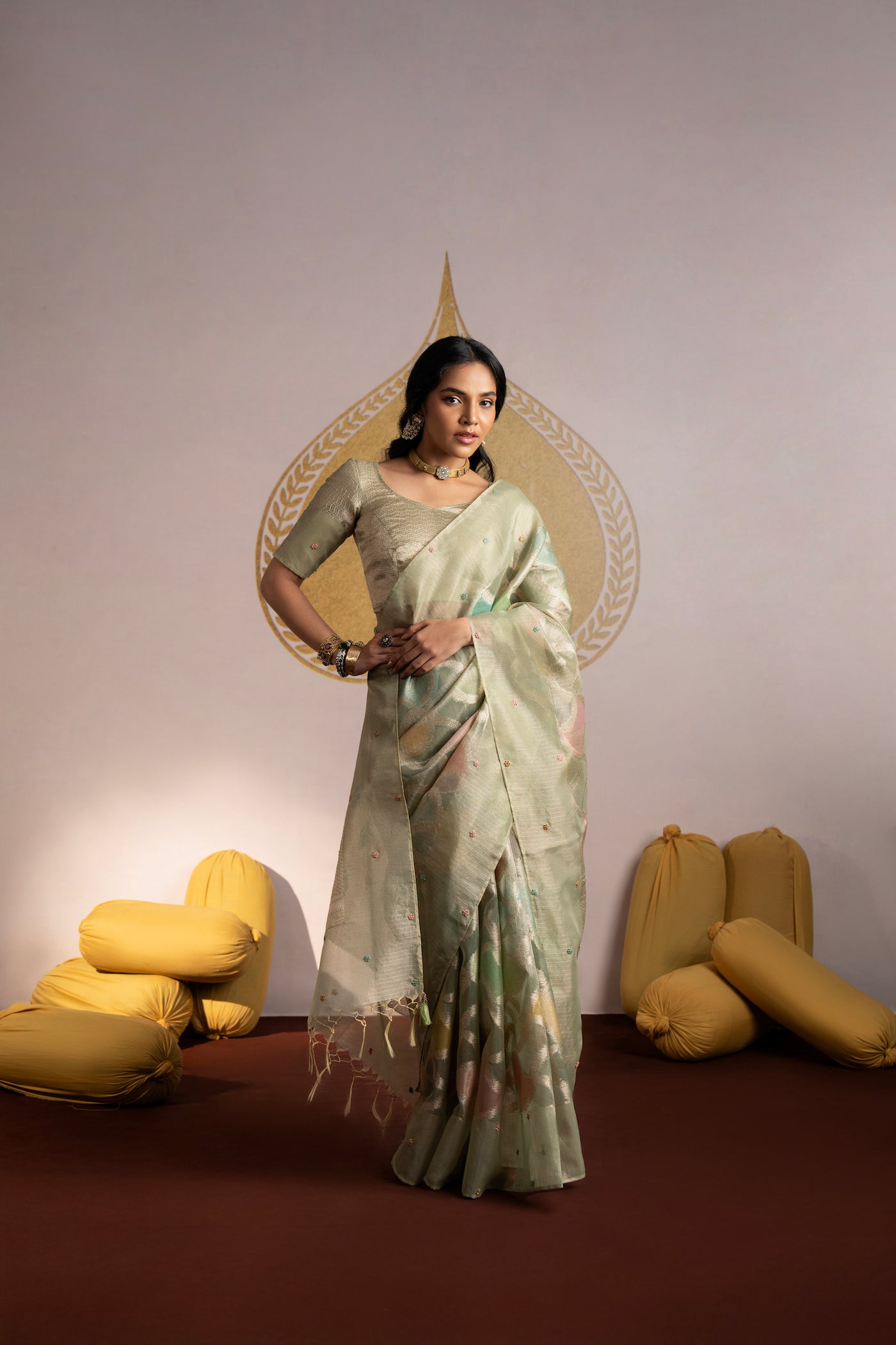 Pastel Green Golden Zari Handwork of Pearl, Sequence and Thread Work