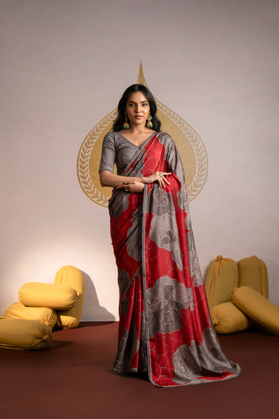 Red and Grey Beaded Floral Print Muslin Saree