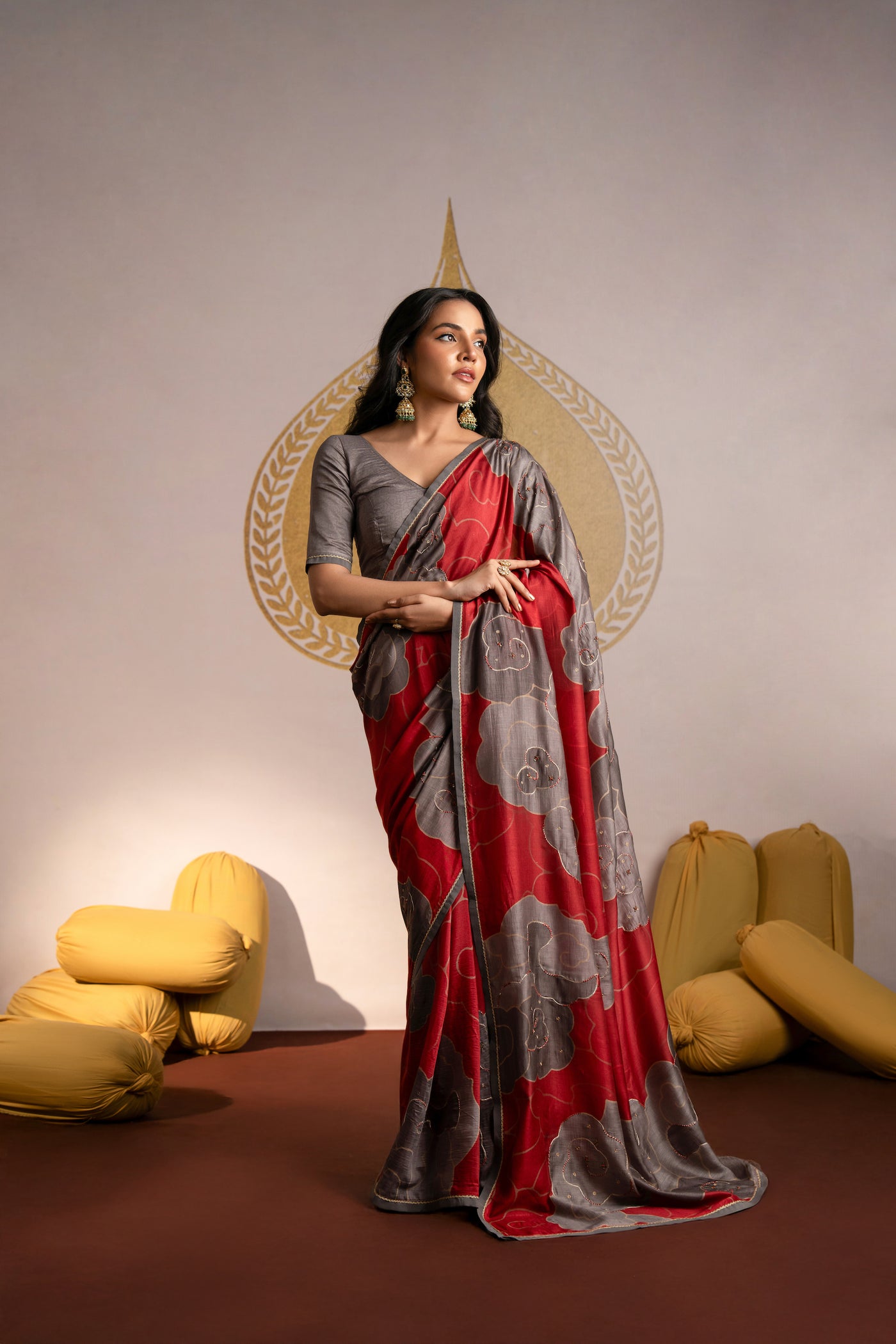 Red and Grey Beaded Floral Print Muslin Saree