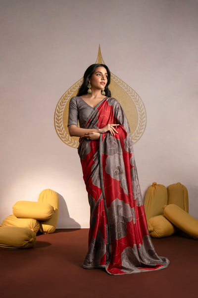 Red and Grey Beaded Floral Print Muslin Saree