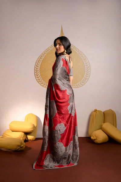 Red and Grey Beaded Floral Print Muslin Saree