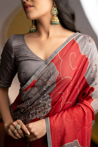Red and Grey Beaded Floral Print Muslin Saree