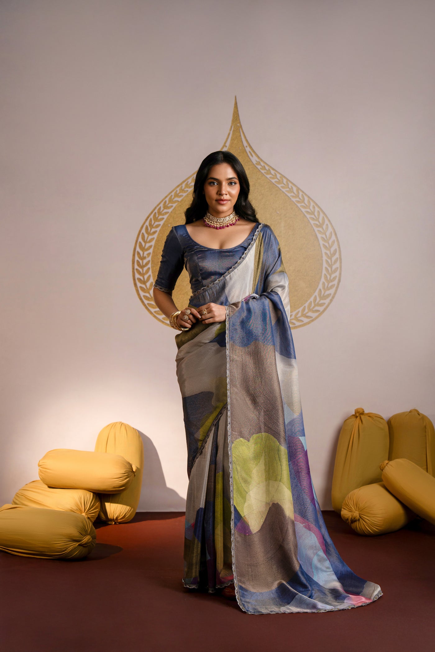 Brush Print Multi Colour Organza Saree with Scallope Border