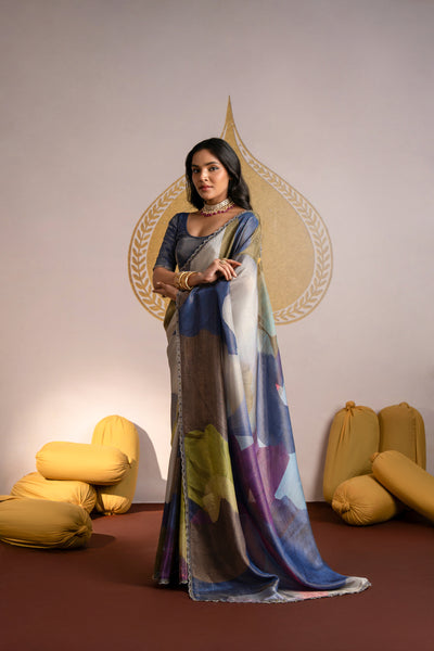 Brush Print Multi Colour Organza Saree with Scallope Border
