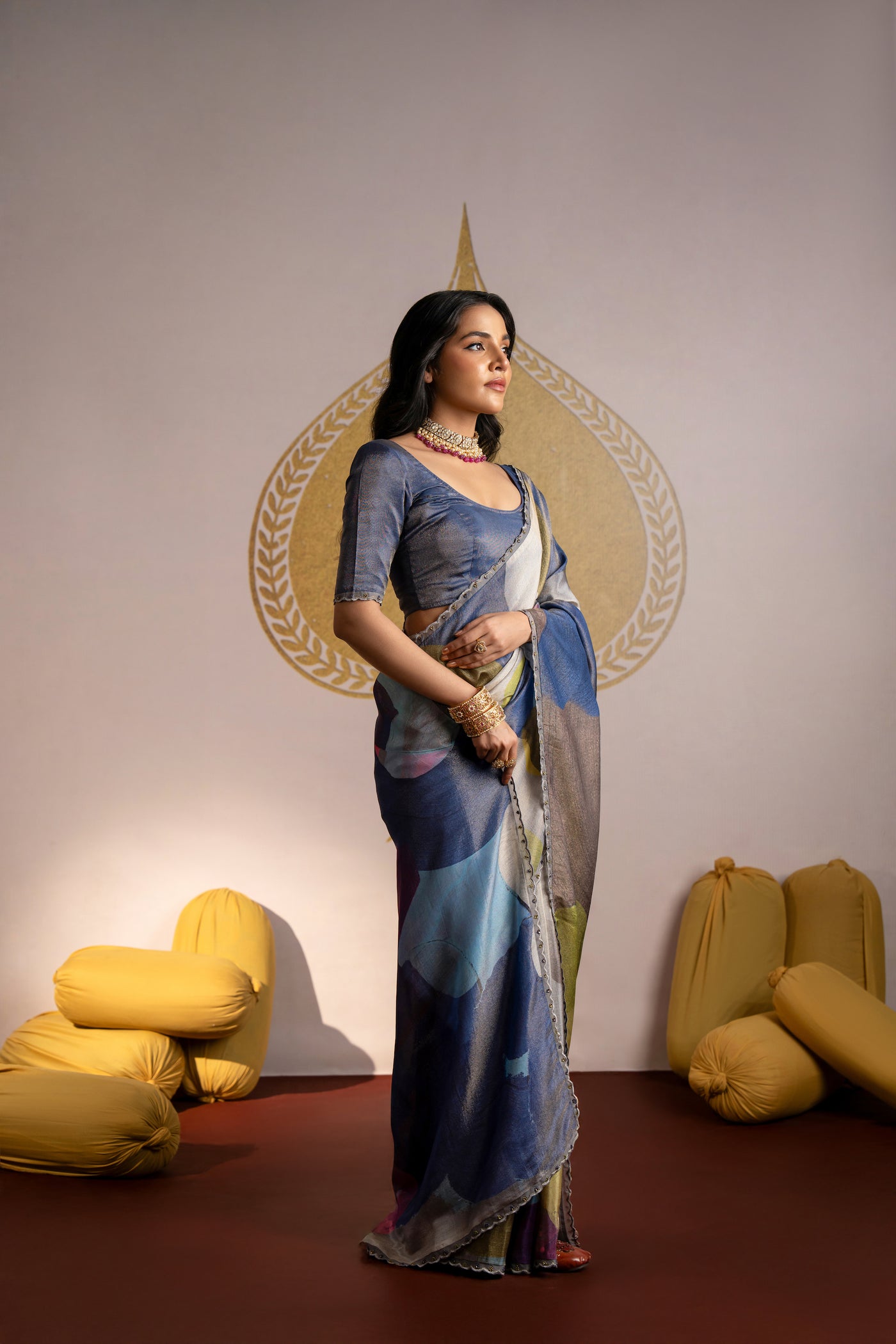 Brush Print Multi Colour Organza Saree with Scallope Border
