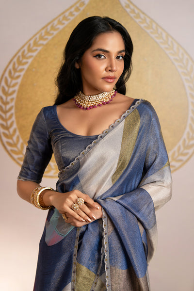 Brush Print Multi Colour Organza Saree with Scallope Border