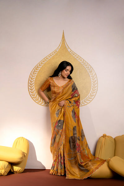 Golden Pure Shimmer Tissue Saree with Cut Work Embroidery Border with Zari Sequence Embellishment