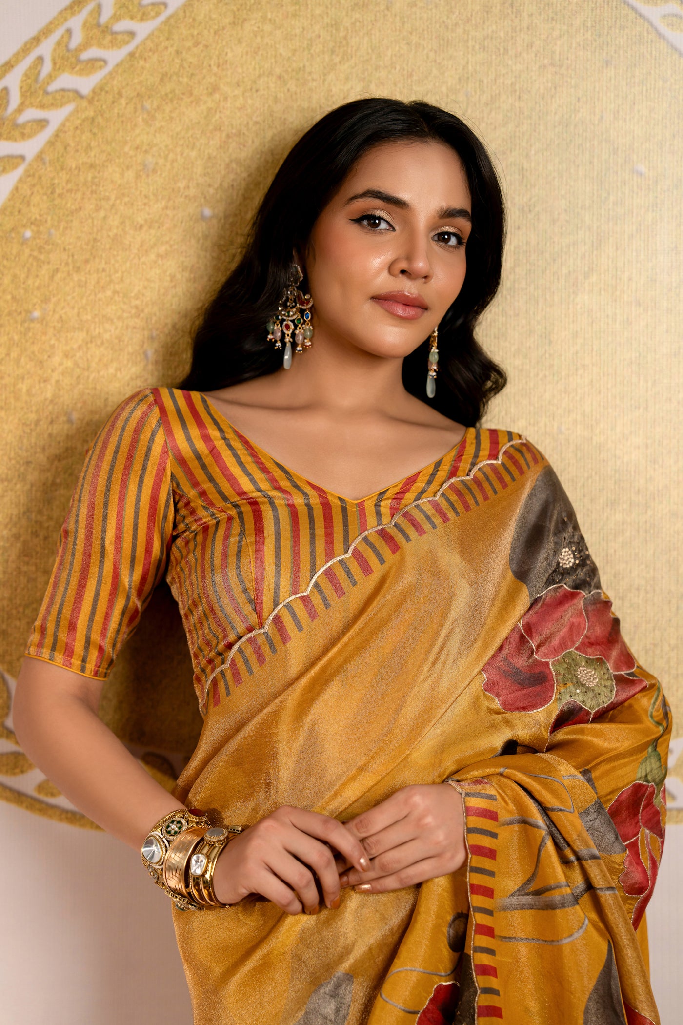 Golden Pure Shimmer Tissue Saree with Cut Work Embroidery Border with Zari Sequence Embellishment
