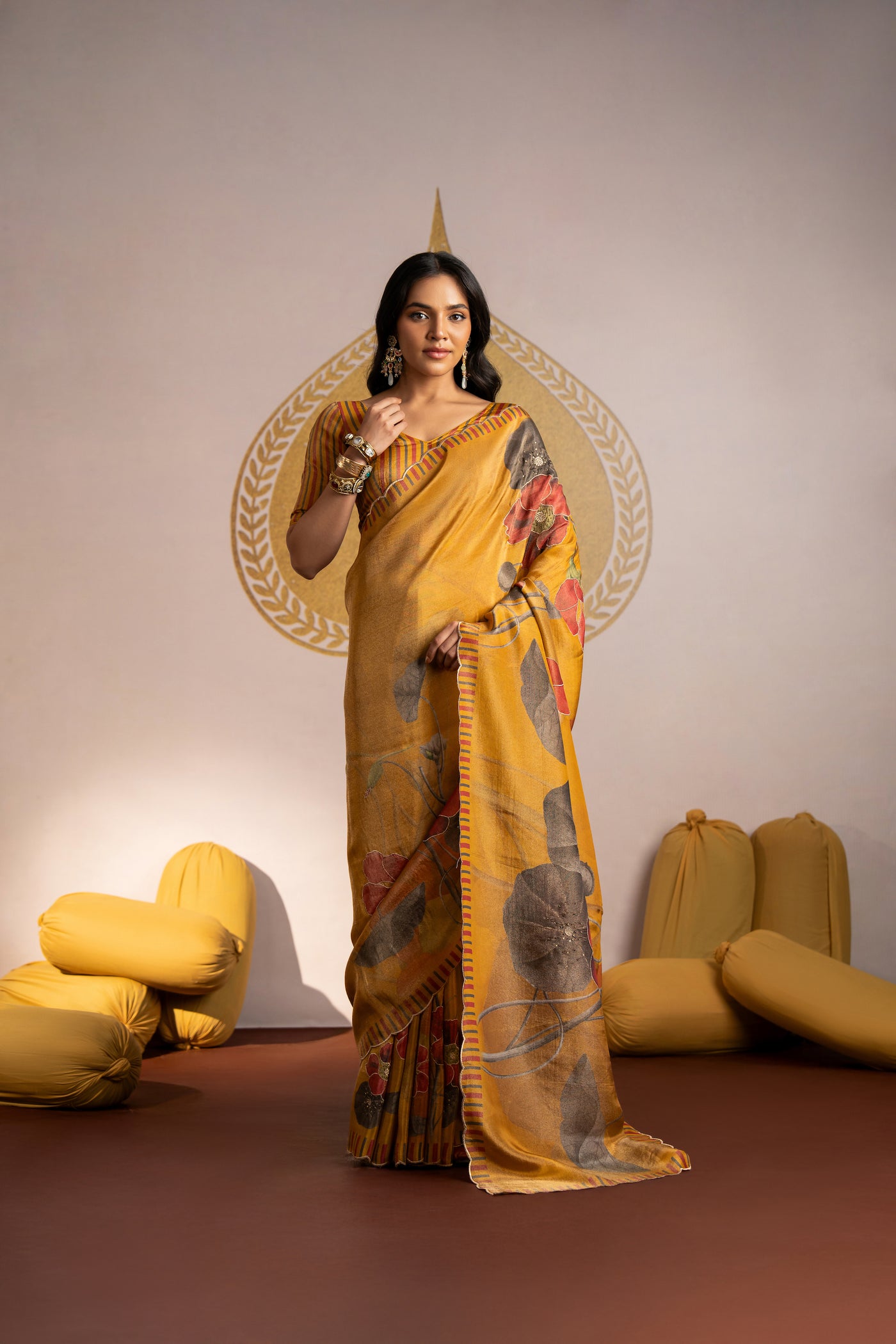 Golden Pure Shimmer Tissue Saree with Cut Work Embroidery Border with Zari Sequence Embellishment