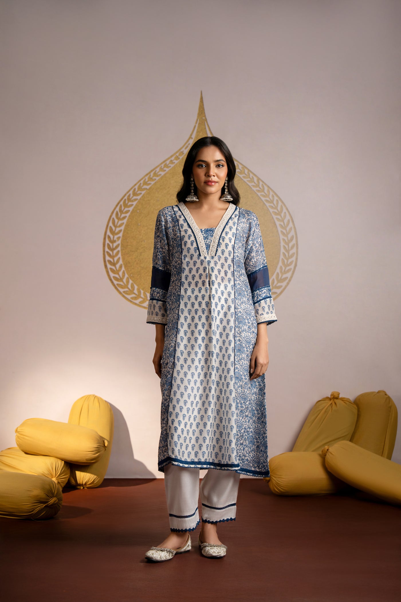 White Indigo V Neck Block Print Pure Muslin Kurta Set with Lace and Beads Work