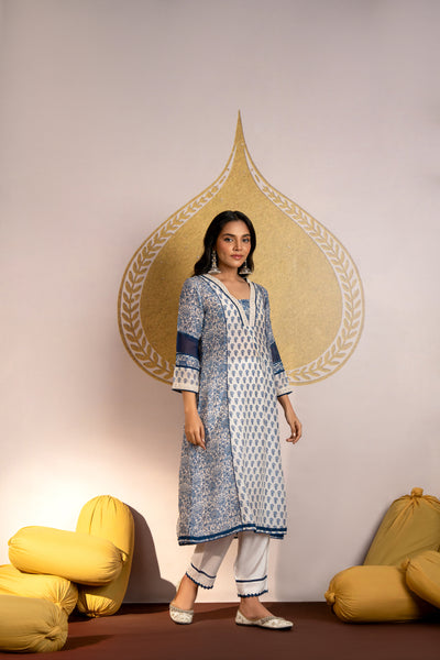 White Indigo V Neck Block Print Pure Muslin Kurta Set with Lace and Beads Work