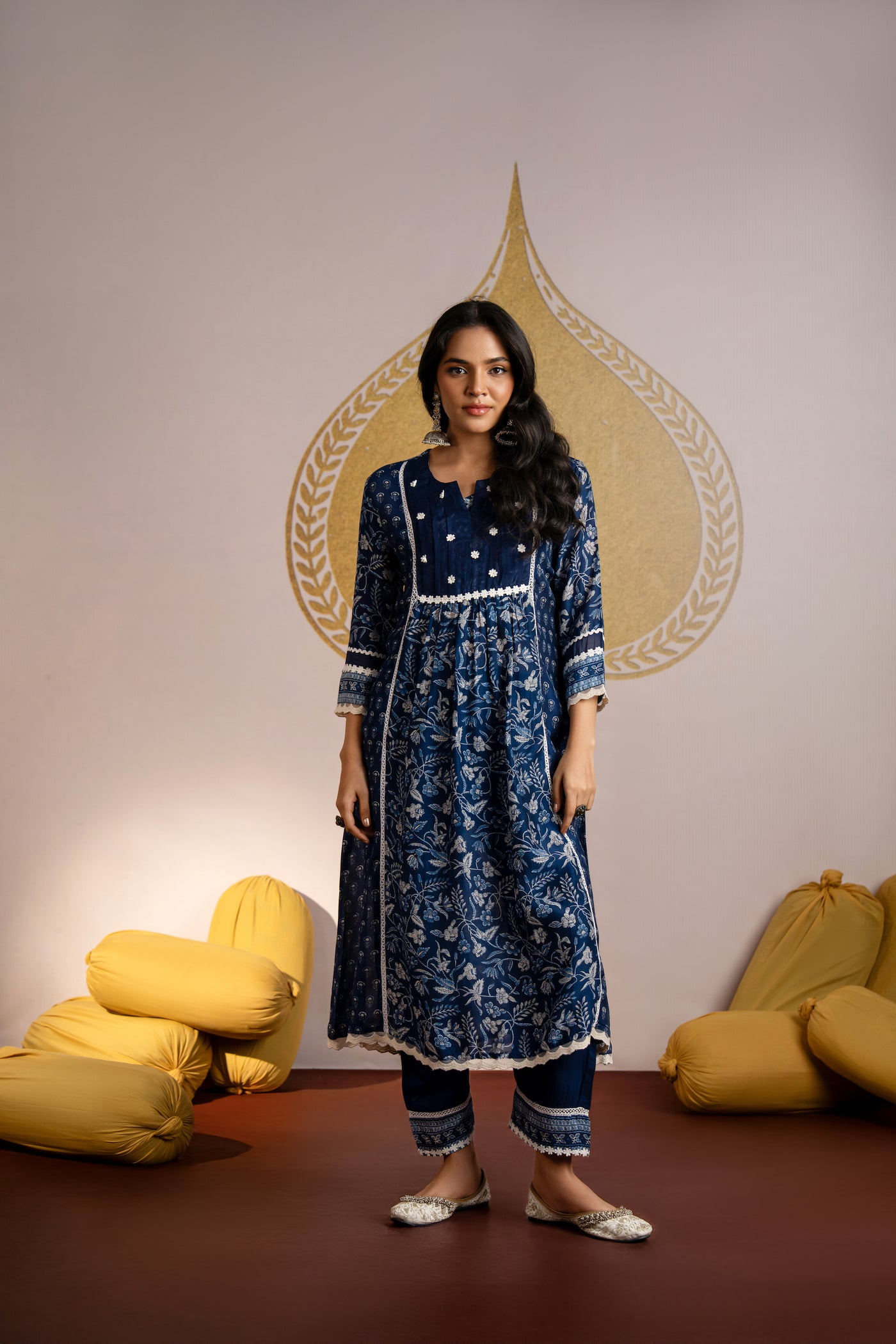 Blue Indigo Block Print Pure Muslin Kurta Set with Lace and Beads Work