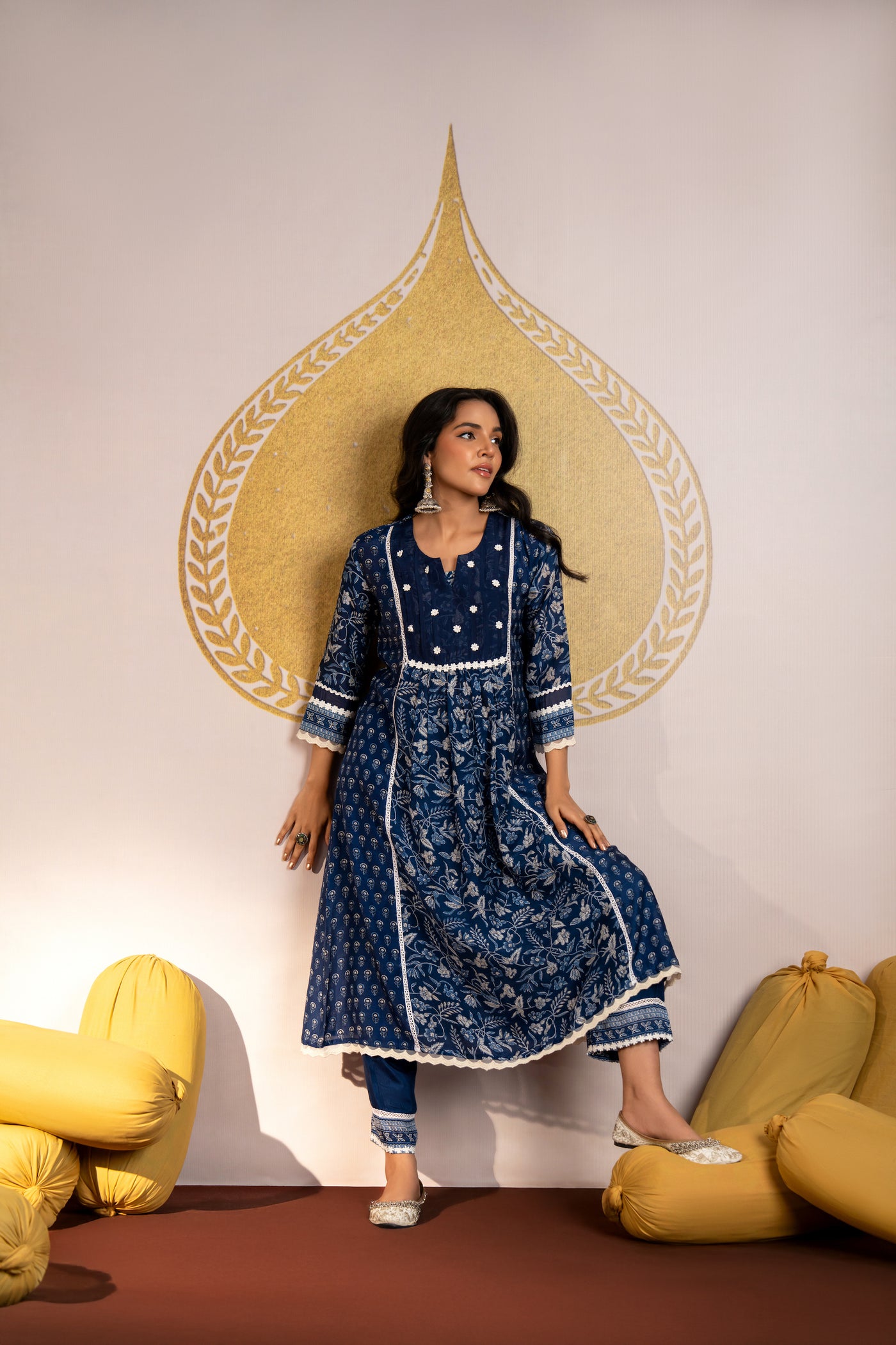 Blue Indigo Block Print Pure Muslin Kurta Set with Lace and Beads Work