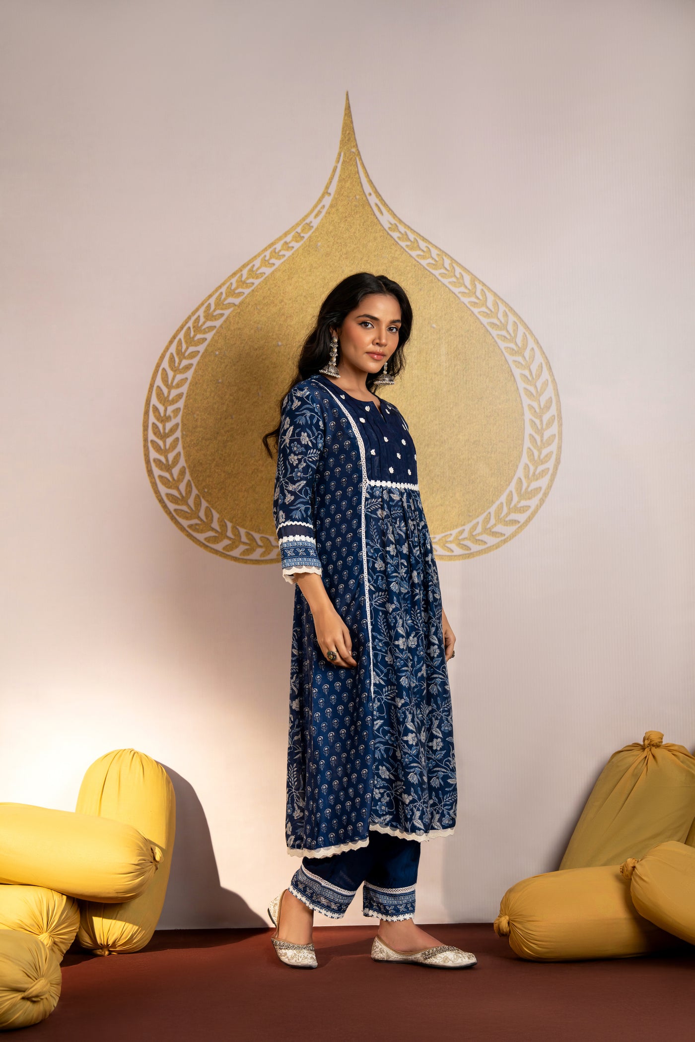 Blue Indigo Block Print Pure Muslin Kurta Set with Lace and Beads Work