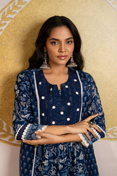 Blue Indigo Block Print Pure Muslin Kurta Set with Lace and Beads Work