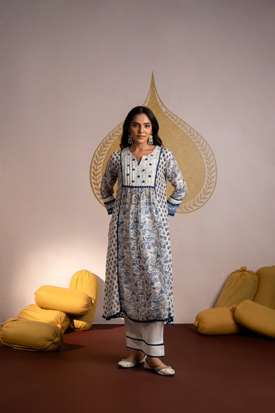 White Indigo Block Print Pure Muslin Kurta Set with Lace and Beads Work