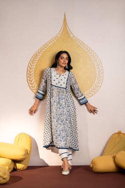 White Indigo Block Print Pure Muslin Kurta Set with Lace and Beads Work