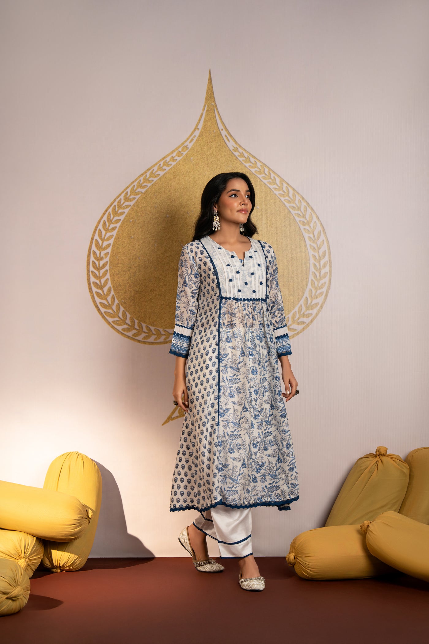 White Indigo Block Print Pure Muslin Kurta Set with Lace and Beads Work