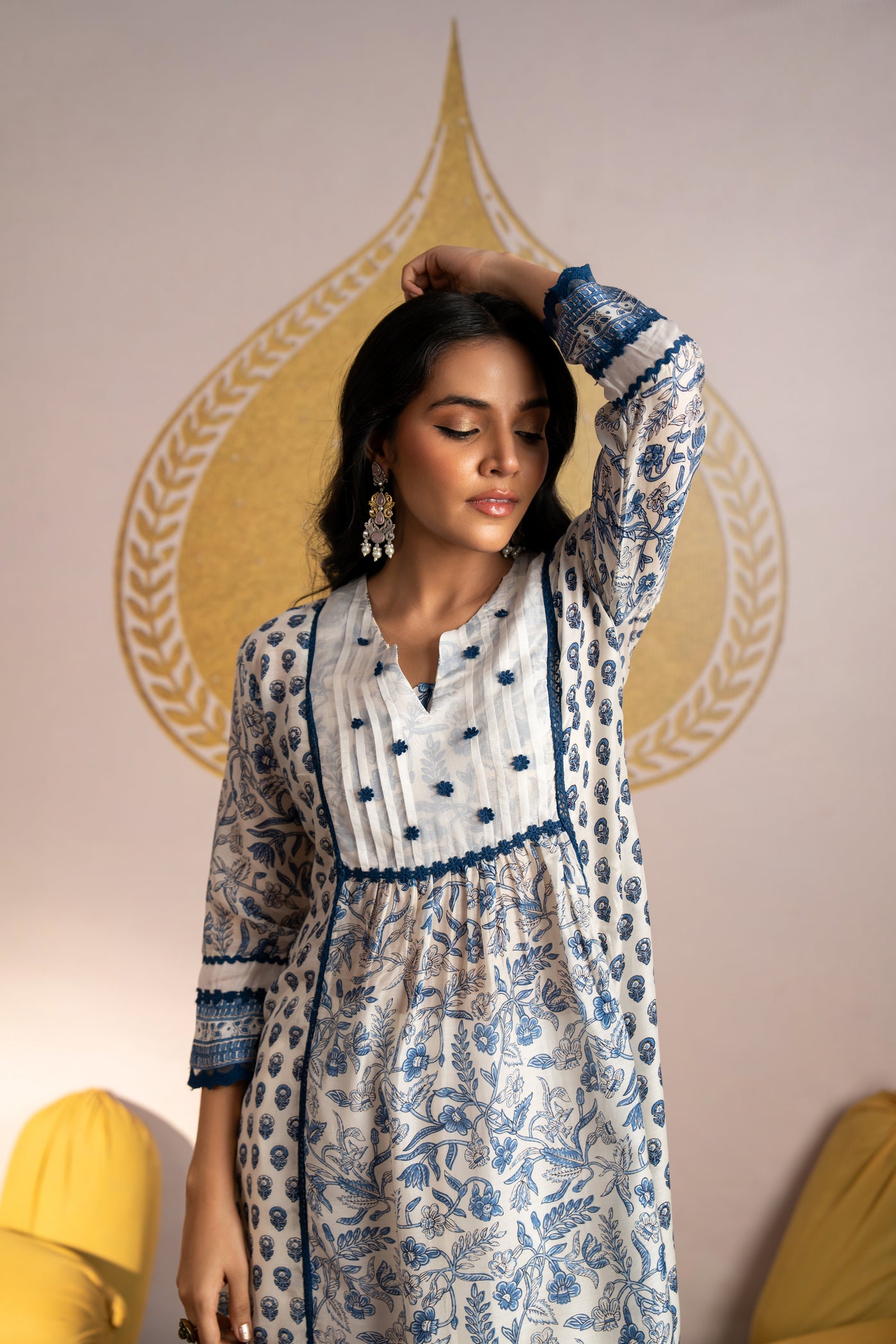 White Indigo Block Print Pure Muslin Kurta Set with Lace and Beads Work