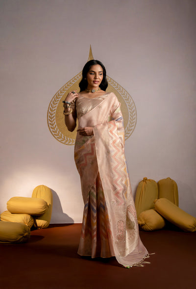 Coral Peach Zari Handwork With Pearl and Thread Work