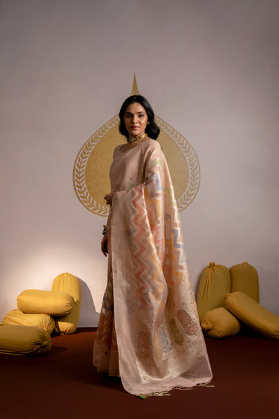 Coral Peach Zari Handwork With Pearl and Thread Work