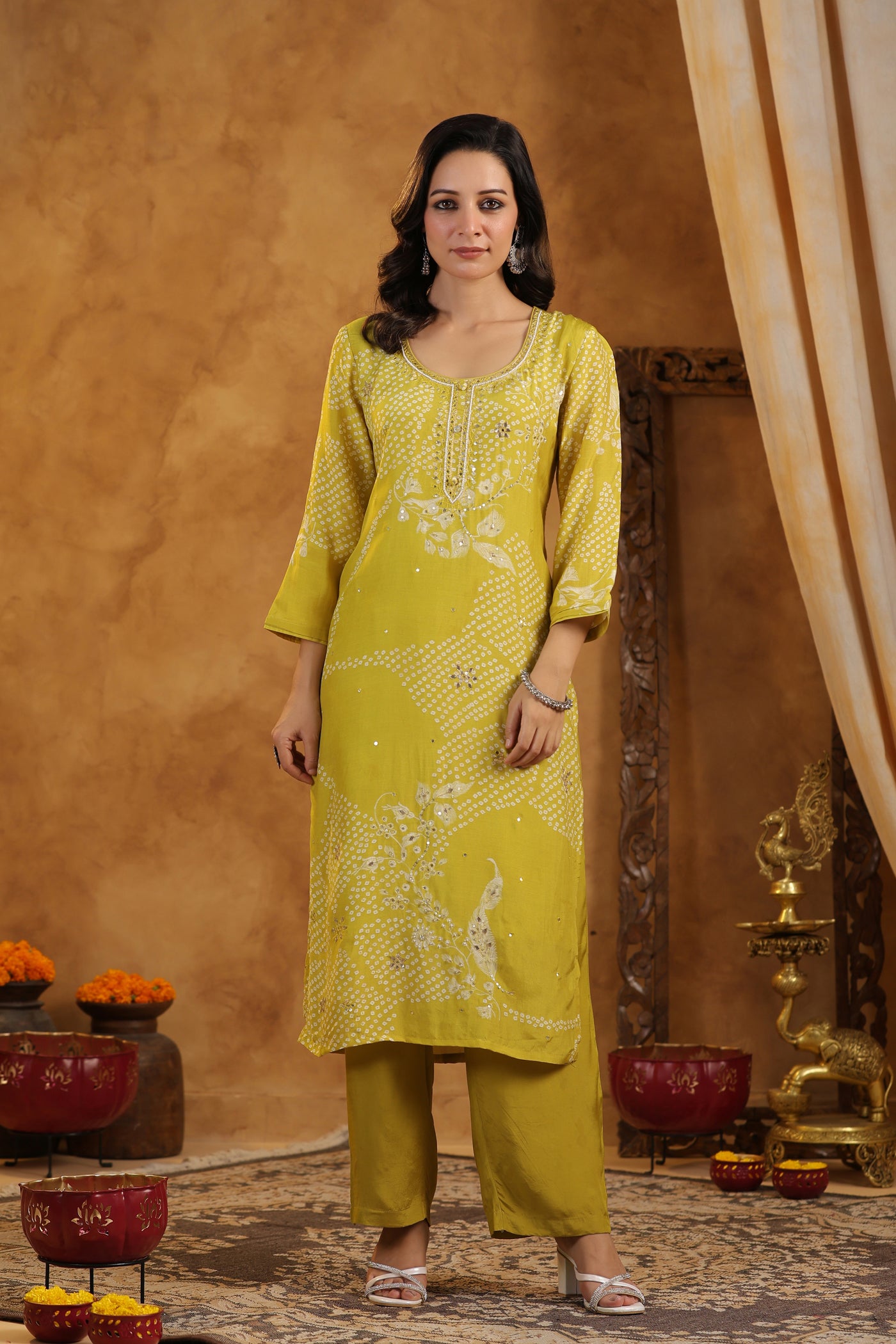 Yellow Placement Bandhani Muslin Suit set with Gota Patti Work