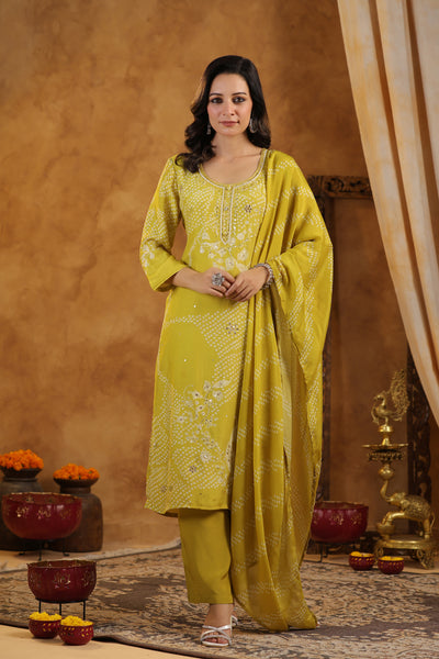 Yellow Placement Bandhani Muslin Suit set with Gota Patti Work