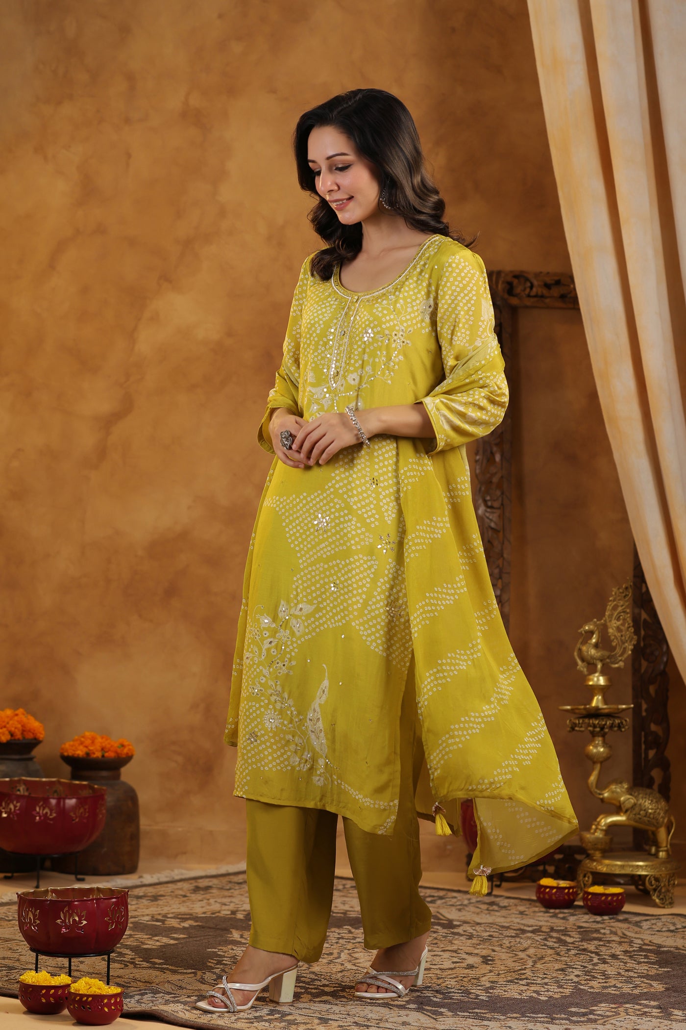 Yellow Placement Bandhani Muslin Suit set with Gota Patti Work