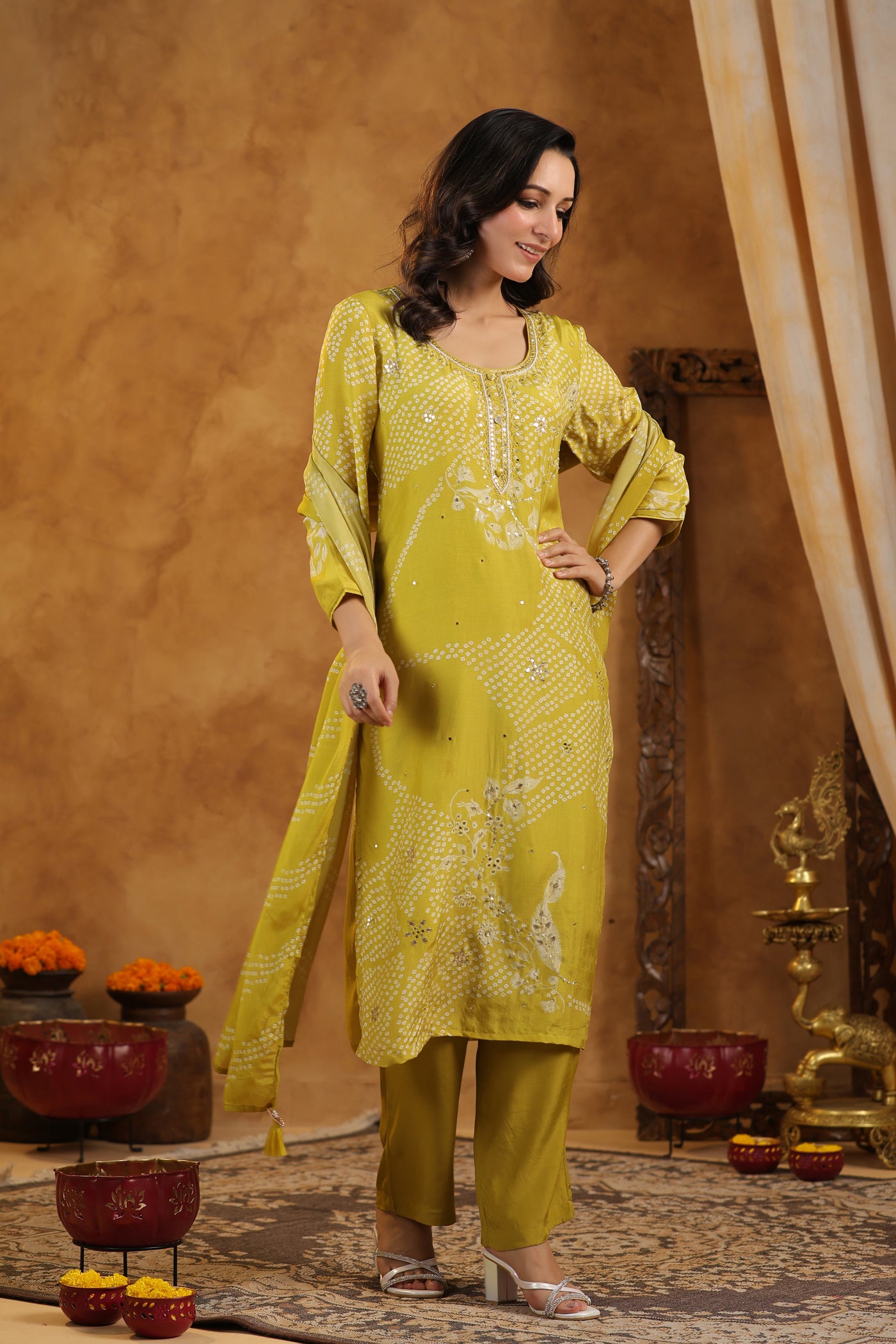 Yellow Placement Bandhani Muslin Suit set with Gota Patti Work