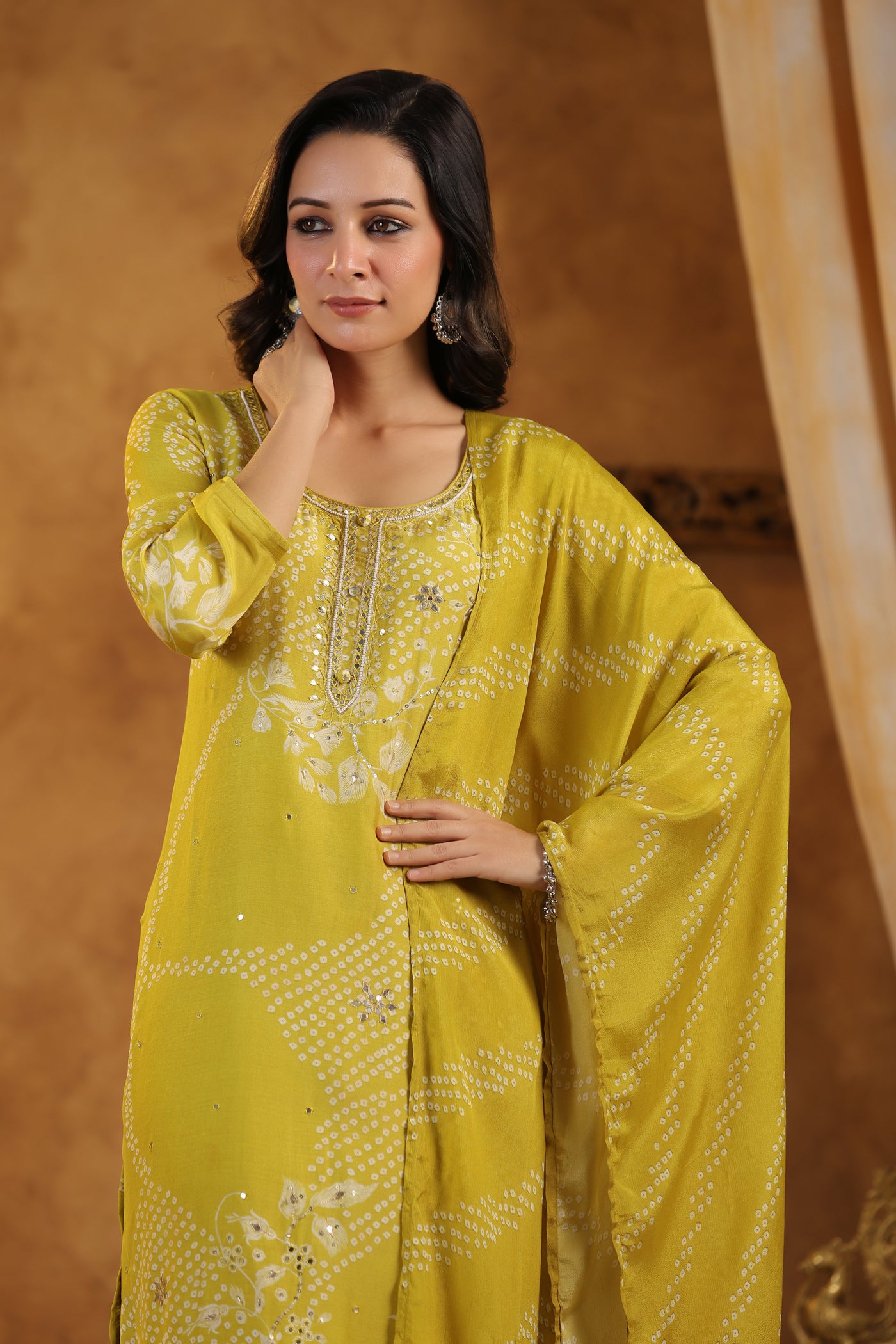 Yellow Placement Bandhani Muslin Suit set with Gota Patti Work