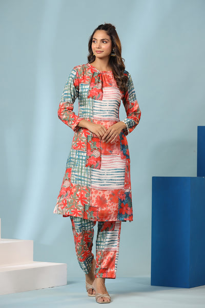 Orange and Blue Abstract Print coordinated Kurta Set