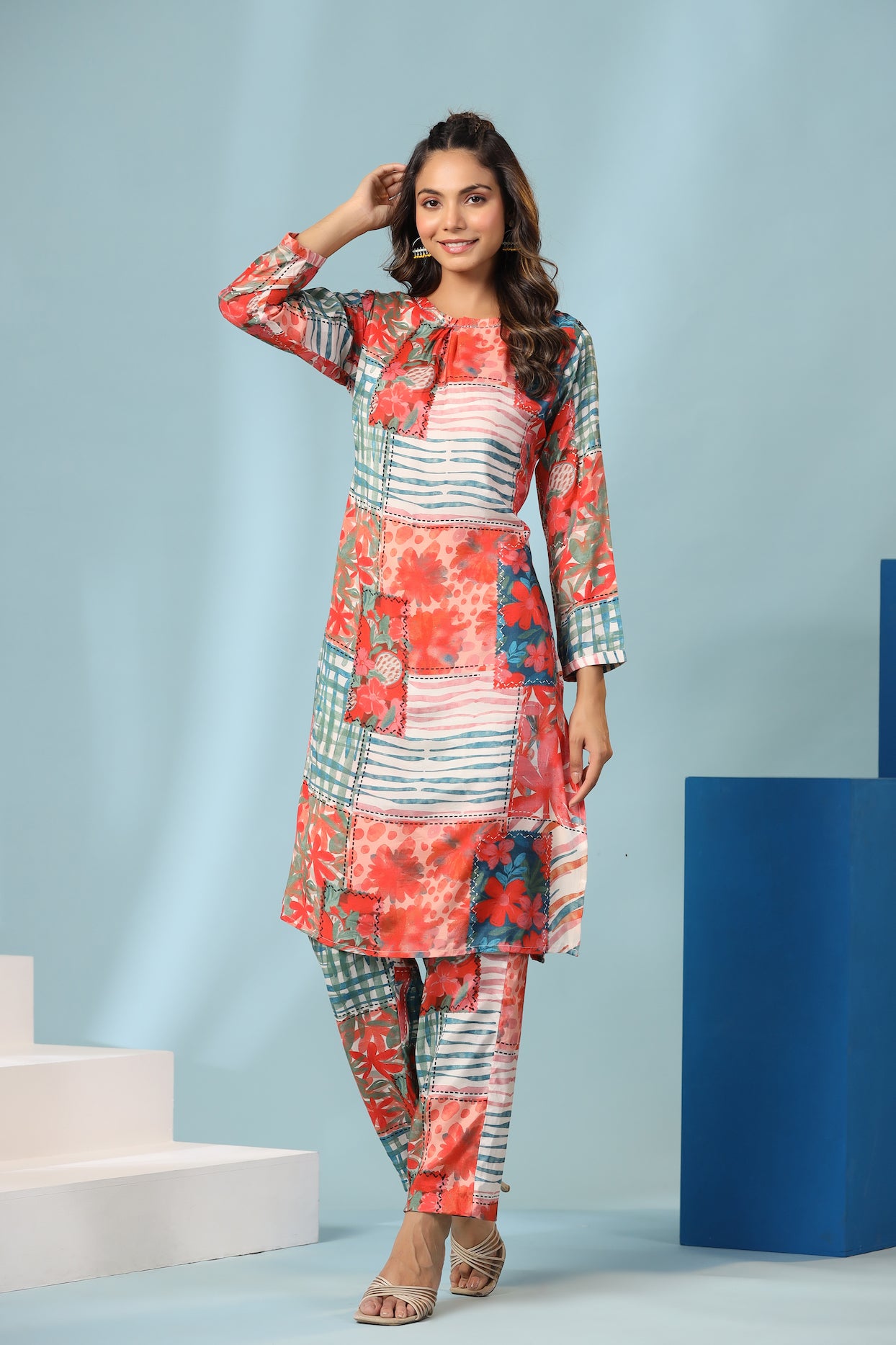 Orange and Blue Abstract Print coordinated Kurta Set